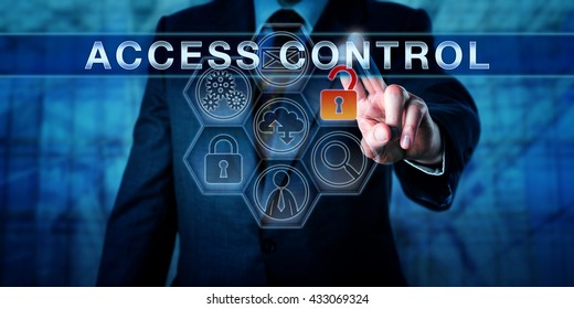 Caucasian manager is pushing ACCESS CONTROL on an interactive touch screen interface. Physical and information security concept for selective and authorized permission to access resources or places.