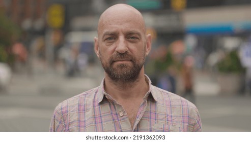 Caucasian Middle Aged Man Serious Angry Face Portrait In City