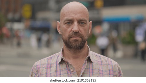 Caucasian Middle Aged Man Serious Angry Face Portrait In City