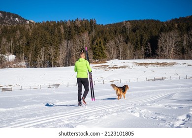 A Caucasian Middle Aged Man In Ski Wear Walking With His Dog Through The Snow, Holding Cross Country Skis And Ski Poles In His Hands.