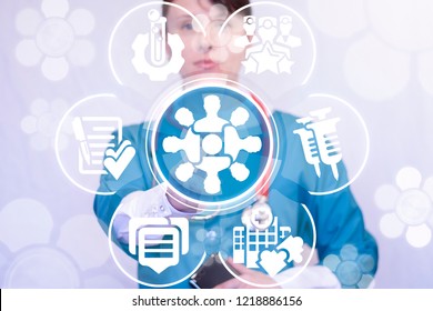 Caucasian Nurse Push A People Group Button On A Virtual Panel. Medical Meeting. Social Communication Healthcare Concept. Brainstorm Doctors Work. Medicine Collaboration.