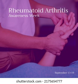 Caucasian physiotherapist examining woman's hand and rheumatoid arthritis awareness week text. September 13-19, composite, midsection, disease, joints, autoimmune, healthcare, awareness, prevention. - Powered by Shutterstock