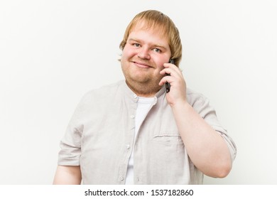 Caucasian Plus Size Man Calling By Phone Happy, Smiling And Cheerful.