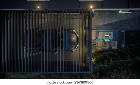 Caucasian Programmer Working on His Backyard Patio Next to His Carport Aerial Photo