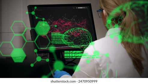 Caucasian scientist analyzing brain scans, wearing lab coat. Blonde hair tied back, focusing intently on computer screen, surrounded by data - Powered by Shutterstock