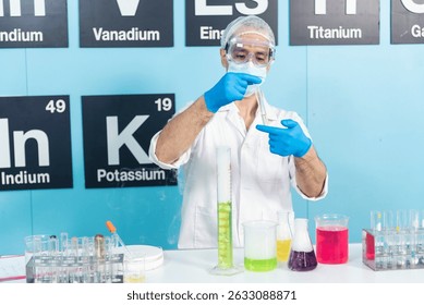 Caucasian Scientist test experiment research data science laboratory. Expert man use microscope laptop medical analyze. Biochemistry scientist white lab coat mask face shield hand holding test tube