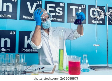 Caucasian Scientist test experiment research data science laboratory. Expert man use microscope laptop medical analyze. Biochemistry scientist white lab coat mask face shield hand holding test tube