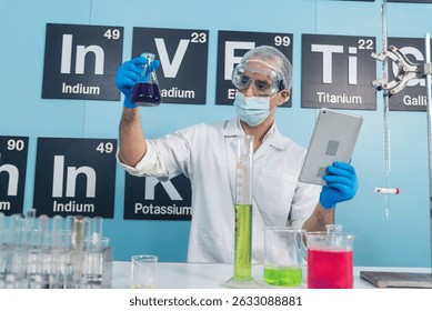 Caucasian Scientist test experiment research data science laboratory. Expert man use microscope laptop medical analyze. Biochemistry scientist white lab coat mask face shield hand holding test tube