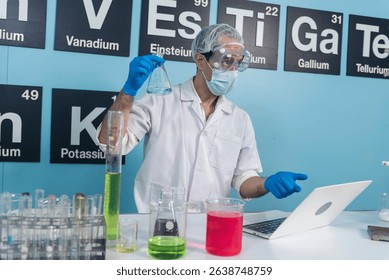Caucasian Scientist test experiment research data science laboratory. Expert man use microscope laptop medical analyze. Biochemistry scientist white lab coat mask face shield hand holding test tube
