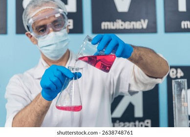 Caucasian Scientist test experiment research data science laboratory. Expert man use microscope laptop medical analyze. Biochemistry scientist white lab coat mask face shield hand holding test tube