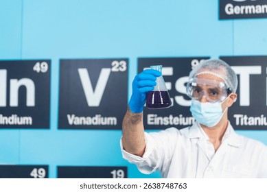 Caucasian Scientist test experiment research data science laboratory. Expert man use microscope laptop medical analyze. Biochemistry scientist white lab coat mask face shield hand holding test tube