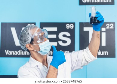 Caucasian Scientist test experiment research data science laboratory. Expert man use microscope laptop medical analyze. Biochemistry scientist white lab coat mask face shield hand holding test tube