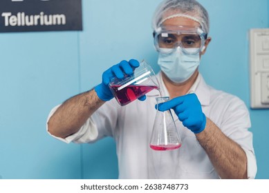 Caucasian Scientist test experiment research data science laboratory. Expert man use microscope laptop medical analyze. Biochemistry scientist white lab coat mask face shield hand holding test tube