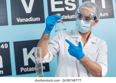 Caucasian Scientist test experiment research data science laboratory. Expert man use microscope laptop medical analyze. Biochemistry scientist white lab coat mask face shield hand holding test tube