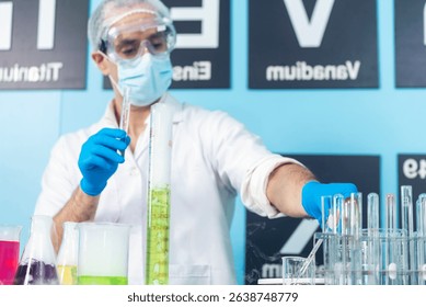 Caucasian Scientist test experiment research data science laboratory. Expert man use microscope laptop medical analyze. Biochemistry scientist white lab coat mask face shield hand holding test tube