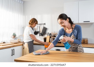 Caucasian senior elderly woman cleaning kitchen in house with daughter. Attractive female housekeeper and mature cleaner wear apron, feel happy and relax while working for housework or chores at home. - Powered by Shutterstock