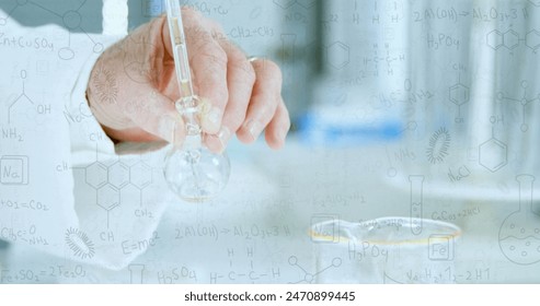 Caucasian senior male scientist holding flask, examining a clear liquid. Surrounded by chemical formulas, wearing a white lab coat - Powered by Shutterstock