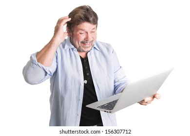 Caucasian senior man standing with computer. 