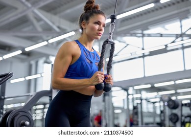 caucasian slim woman in sportive blue top and leggins training with triceps kickback in modern gym. fit athlete lady concentrated on workout, alone. cross fit, healthy lifestyle, fitness, sport - Powered by Shutterstock