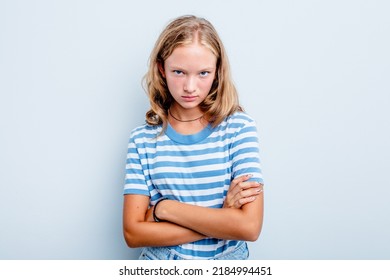 Caucasian Teen Girl Isolated On Blue Background Unhappy Looking In Camera With Sarcastic Expression.