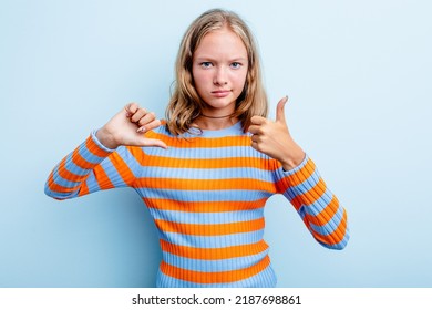 Caucasian Teen Girl Isolated On Blue Background Showing Thumbs Up And Thumbs Down, Difficult Choose Concept