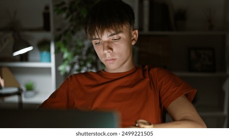 Caucasian teenage boy using laptop in dark bedroom at night, depicting focus and modern indoor lifestyle. - Powered by Shutterstock