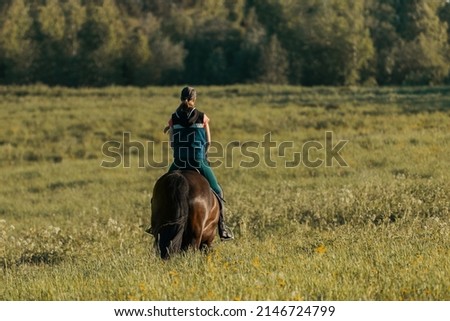 Caucasian teenage girl and horse in field, back view.