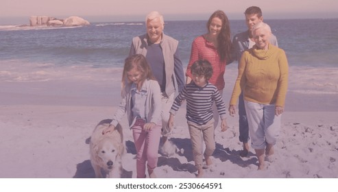 Caucasian three generation family with pet dog walking together in the garden. family, love and togetherness concept - Powered by Shutterstock