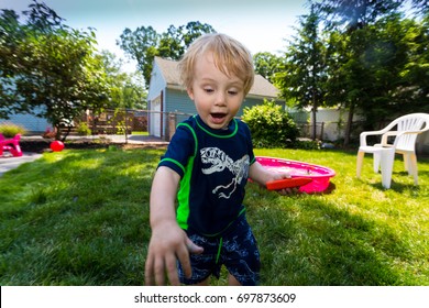 Caucasian Toddler Blonde Haired Boy Plays In A Pink Backyard Kiddie Pool During  A Hot Summer Day