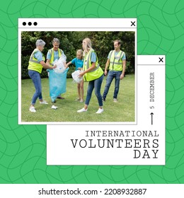 Caucasian volunteers collecting garbage in park and international volunteers day, 5 december text. Composite, together, cleaning, recognize, promote, support, sustainable development, celebration. - Powered by Shutterstock
