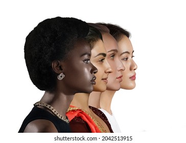 Caucasian woman, african american, asian woman and indian women profile portrait isolated on white background. Diverse nations equality. Multiple different races female friendship concept.