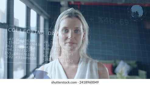 Caucasian woman analyzes data on a transparent screen, with copy space. She's in a modern office setting, engaging with futuristic technology. - Powered by Shutterstock