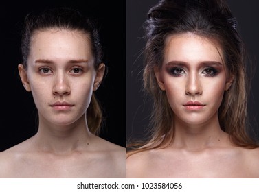 Caucasian Woman Before After  Applying Make Up Hair Style. No Retouch, Fresh Face With Nice And Smooth Skin. Studio Lighting Black Gray Background