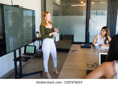 Caucasian Woman Boss Giving A Work Presentation And Talking About Sales To Her Co-workers In The Meeting Room Of The Office