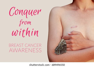 Caucasian Woman With Breast Cancer Scar (breast Cancer Awareness) On A Grey Background Isolated