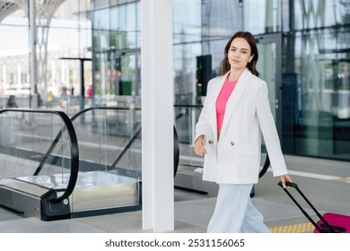 Caucasian woman confidently walking through airport terminal with suitcase. Female traveler wears white blazer, pink top, carries rolling luggage. Modern glass architecture, busy travel environment. - Powered by Shutterstock