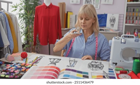 Caucasian woman designer evaluating fashion sketches in a tailor shop - Powered by Shutterstock