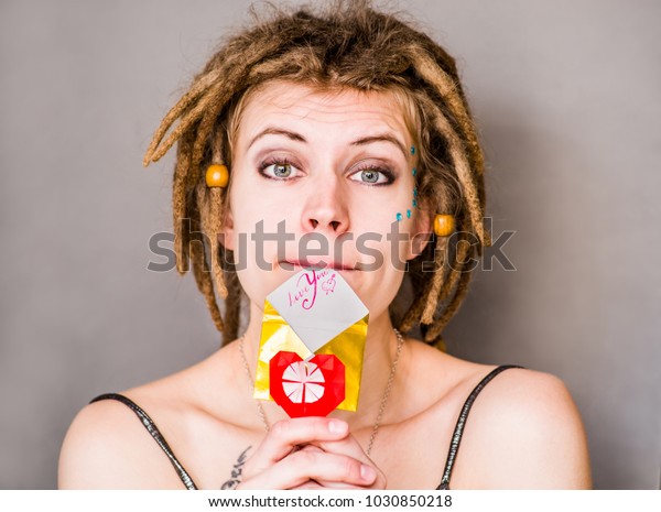 Caucasian Woman Dreadlocks Gray Dress Holding Stock Photo