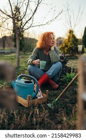 Caucasian Woman Drinking Coffee While Plants Flowers In Her Backyard Garden