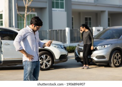 Caucasian Woman Driver Making Phone Call To Insurance Agent After Traffic Accident. Accident. Car Insurance An Non-life Insurance Concept. 