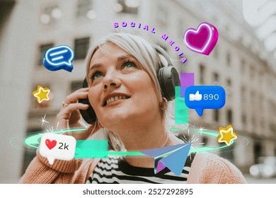 Caucasian woman enjoying social media with headphones. Social media icons surround her, showing likes, comments, and engagement. Social media icon and headphones in focus. Woman listen to music - Powered by Shutterstock