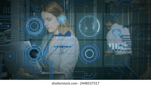 Caucasian woman interacts with futuristic interface, with copy space. She appears focused on analyzing data in a high-tech office setting. - Powered by Shutterstock