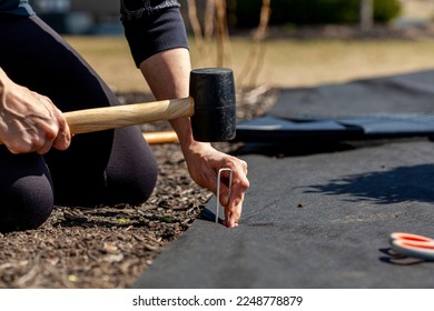 A caucasian woman is kneeling on the ground on a flower bed installing black weed fabric using galvanized steel pegs and a mallet. Concept image for DIY landscaping, weed protection.
