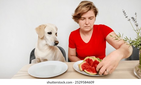 A Caucasian woman shares watermelon with her dog at a table, symbolizing companionship and healthy summer eating habits - Powered by Shutterstock