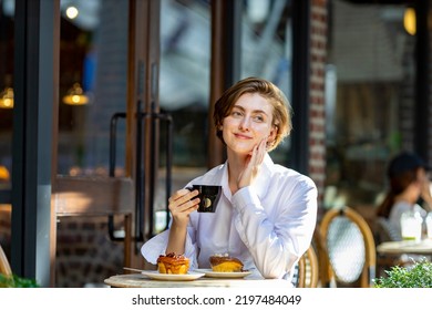 Caucasian Woman Sipping Hot Espresso Coffee Stock Photo 2197484049 ...