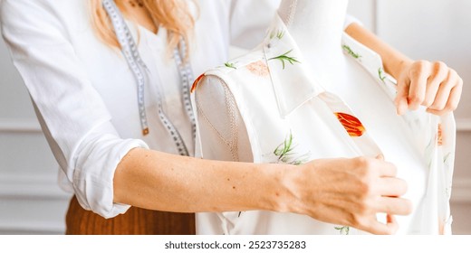 A Caucasian woman tailor adjusts a floral dress on a mannequin.Female fashion designer in a bright studio, woman making dress, fashion business, woman fashion designer in studio - Powered by Shutterstock