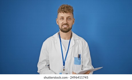 Caucasian young bearded handsome man with blue eyes, wearing a lab coat and id badge, stands against an isolated blue background. - Powered by Shutterstock