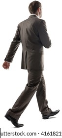 Caucasian Young Man With Short Dark Hair In Business Formal Outfit Walking Away Isolated On White Background