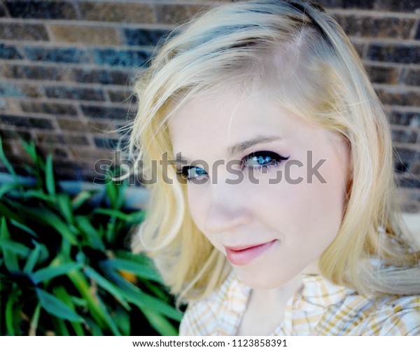Caucasian Young Woman Blonde Hair Blue Stock Photo Edit Now