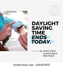 Caucasisn Woman Checking Time And Daylight Saving Time Ends Today And Move Your Clocks Back On Hour. Text, Urgency, Technology, Autumn, Time, Backward, Fall Back, Composite, Schedule.